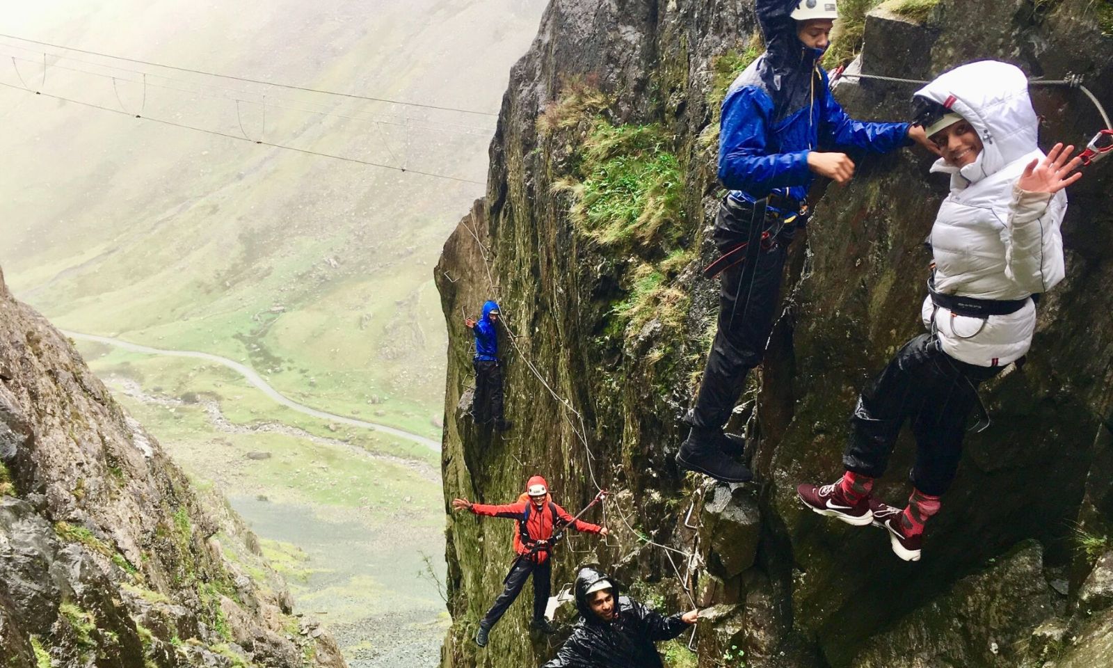Group of young people enjoying the Via Ferrata at Honister Slate Mine.