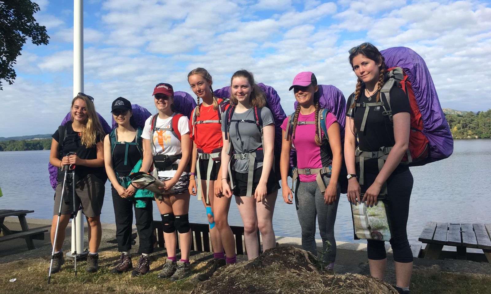 Group of DofE girls Bronze award at the end with rucksacks